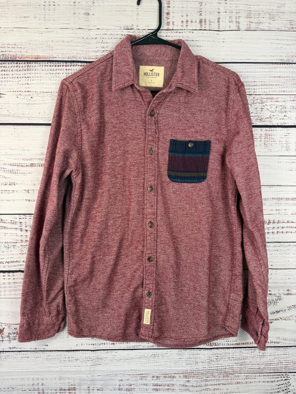 Hollister Burgundy Red 100% Cotton Button Down Shirt S Y2K Striped Pocket